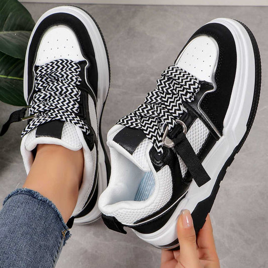 Black and White Trendy Sneakers with Chunky Shoe Laces - Toni's Shoes