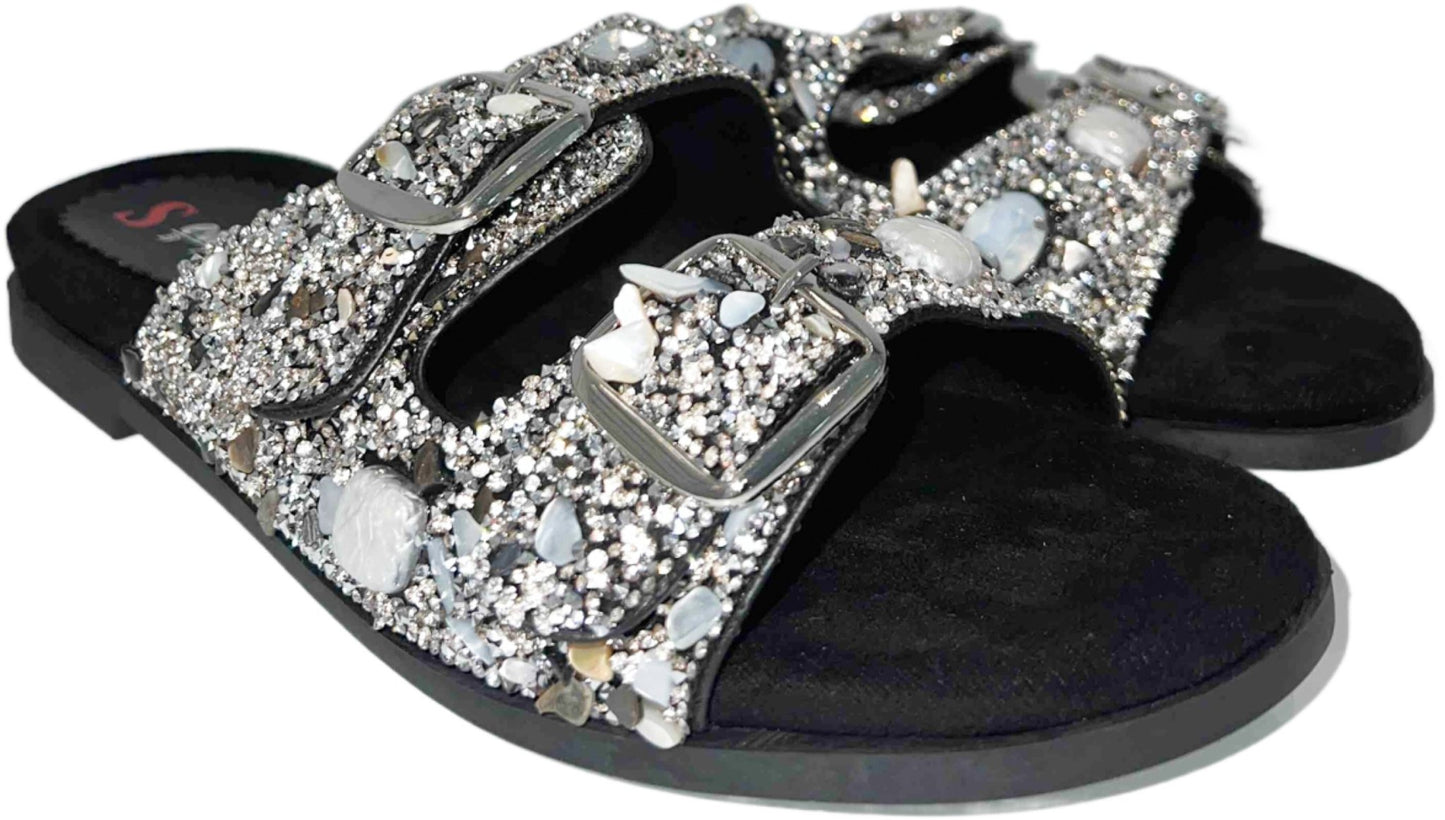 FLASH SALE! Black Comfortable Rhinestone Sandals - Toni's Shoes