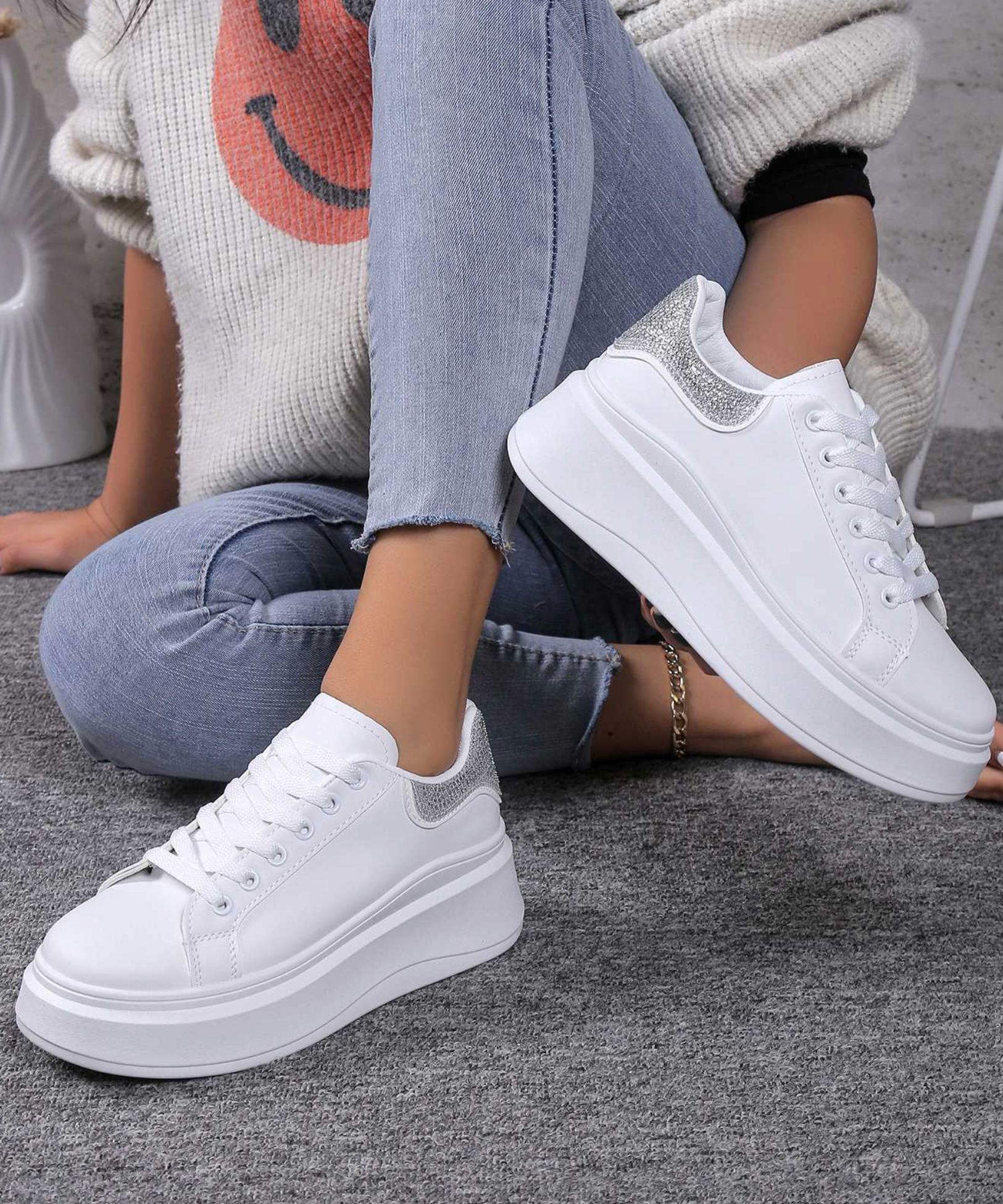 White Platform Sneakers Rhinestone backs