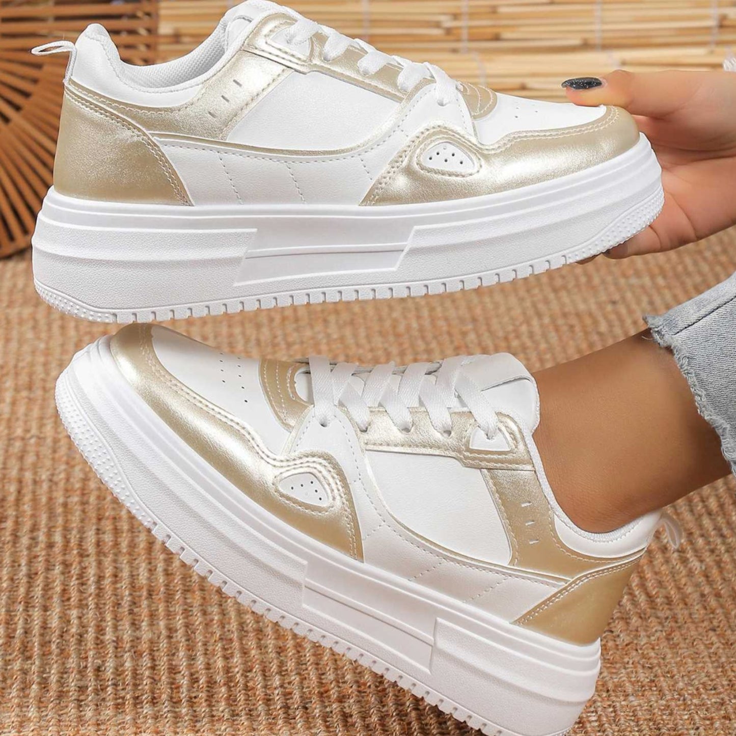 White and Gold Trendy Sneakers - Toni's Shoes