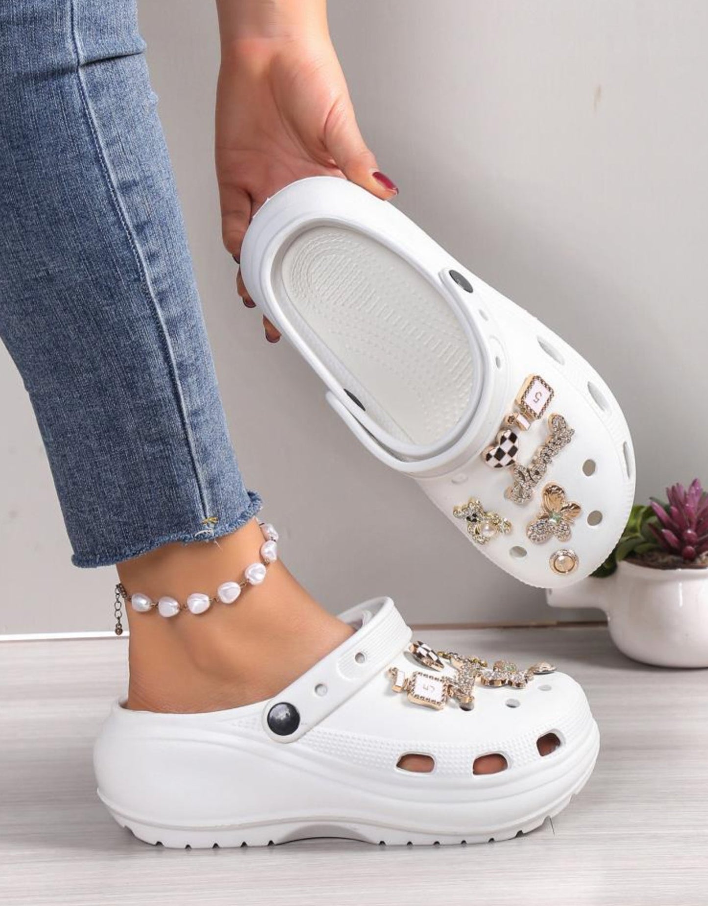 White Comfortable Rubber Bling Clogs - Toni's Shoes