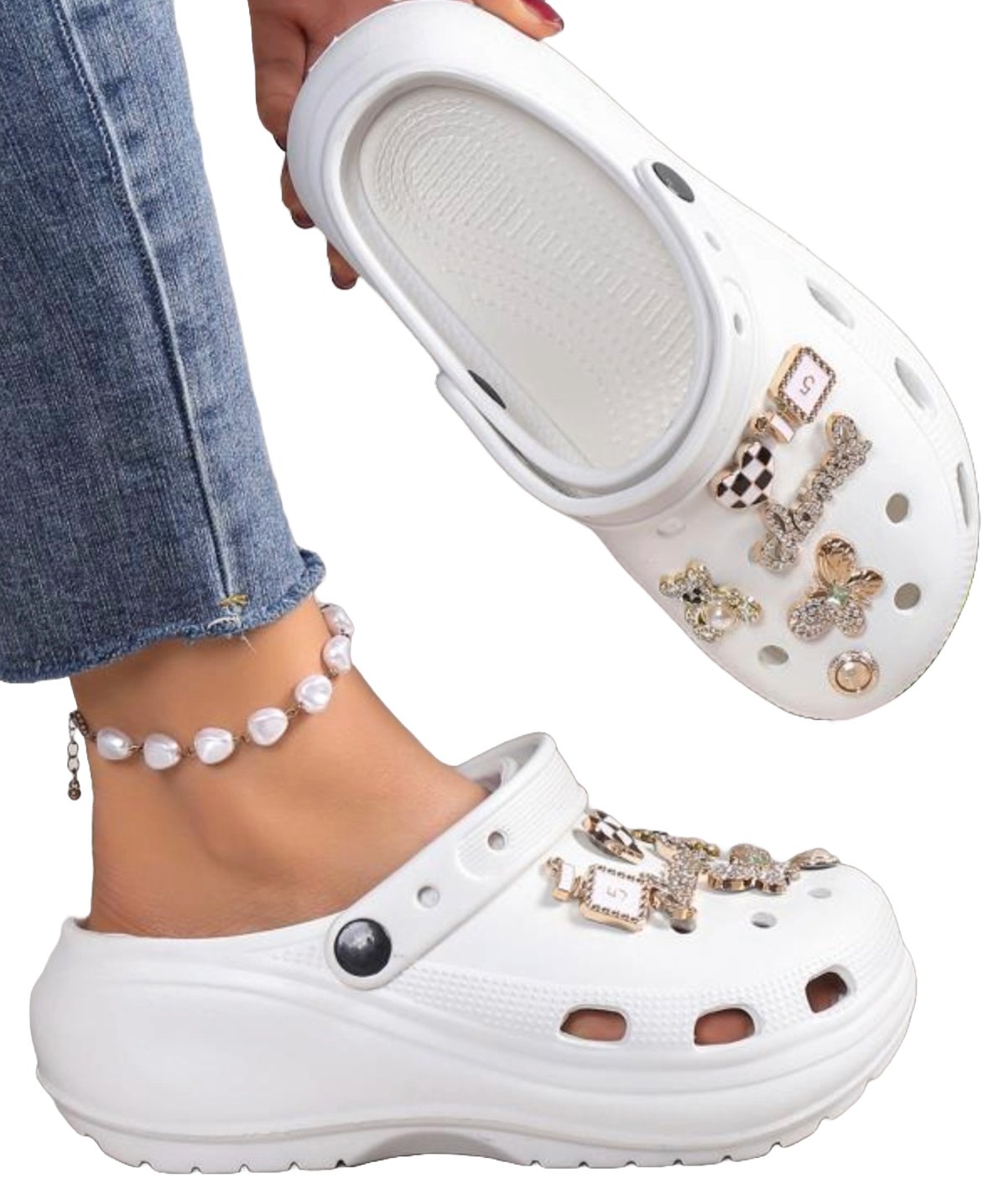 White Comfortable Rubber Bling Clogs - Toni's Shoes