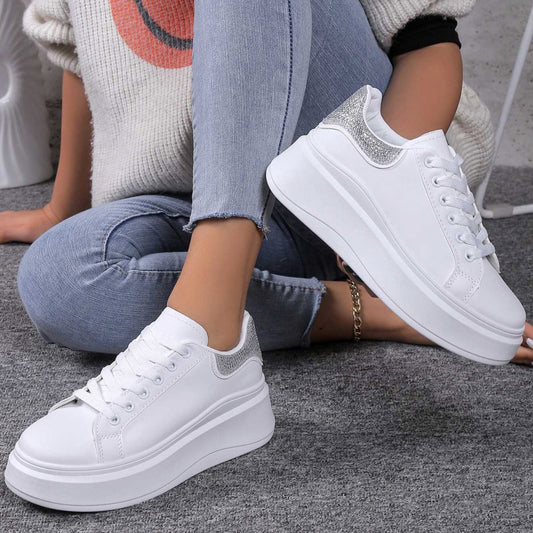 White Platform Sneakers Rhinestone backs - Toni's Shoes