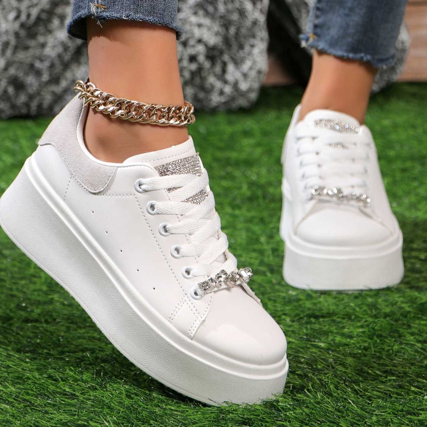 White Platform Sneakers Rhinestone Top - Toni's Shoes