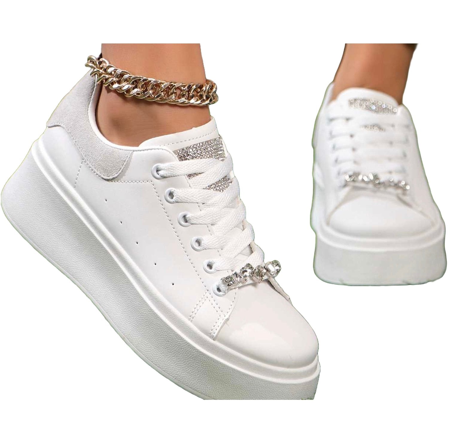 White Platform Sneakers Rhinestone Top - Toni's Shoes