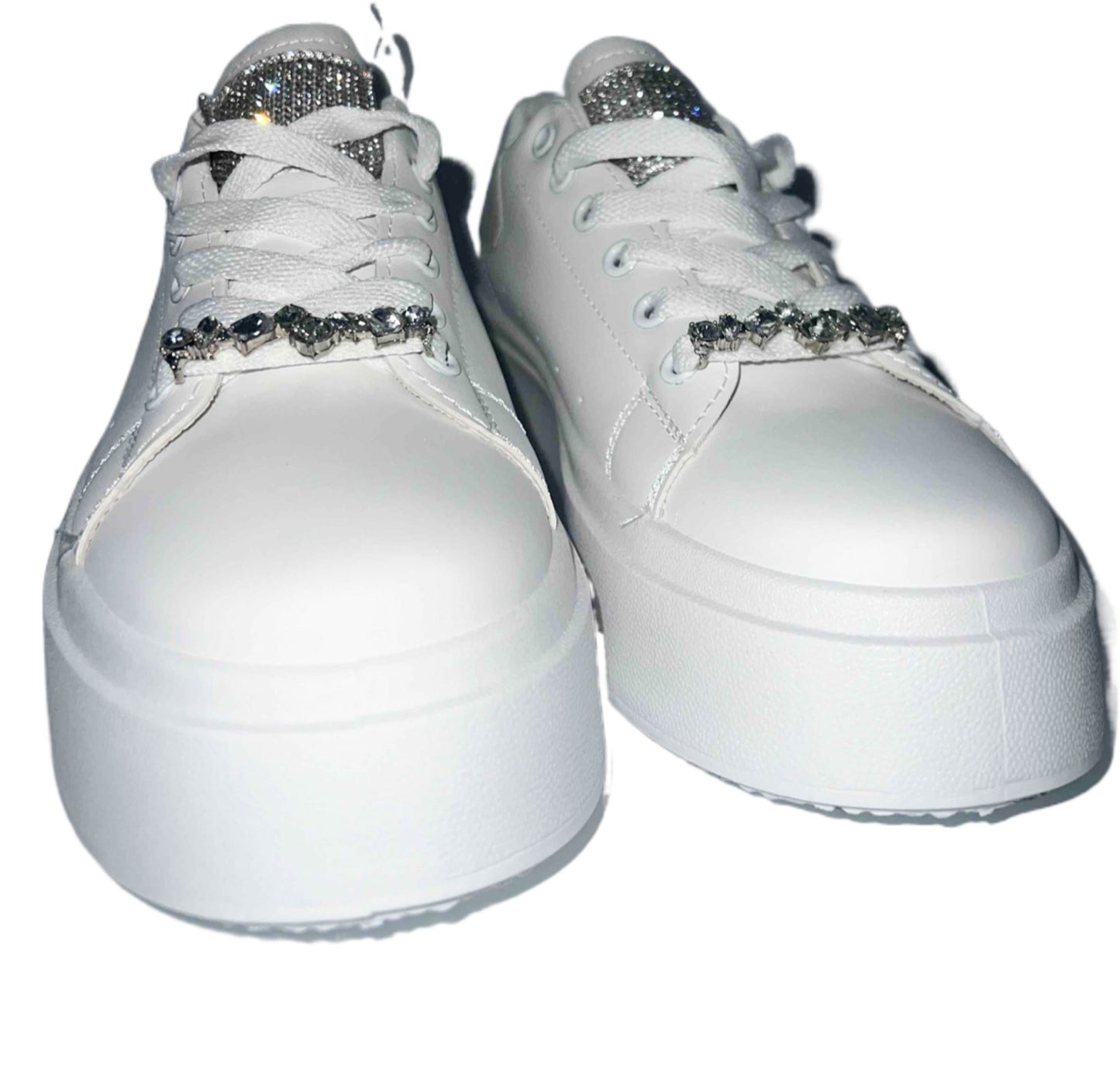 White Platform Sneakers Rhinestone Top - Toni's Shoes