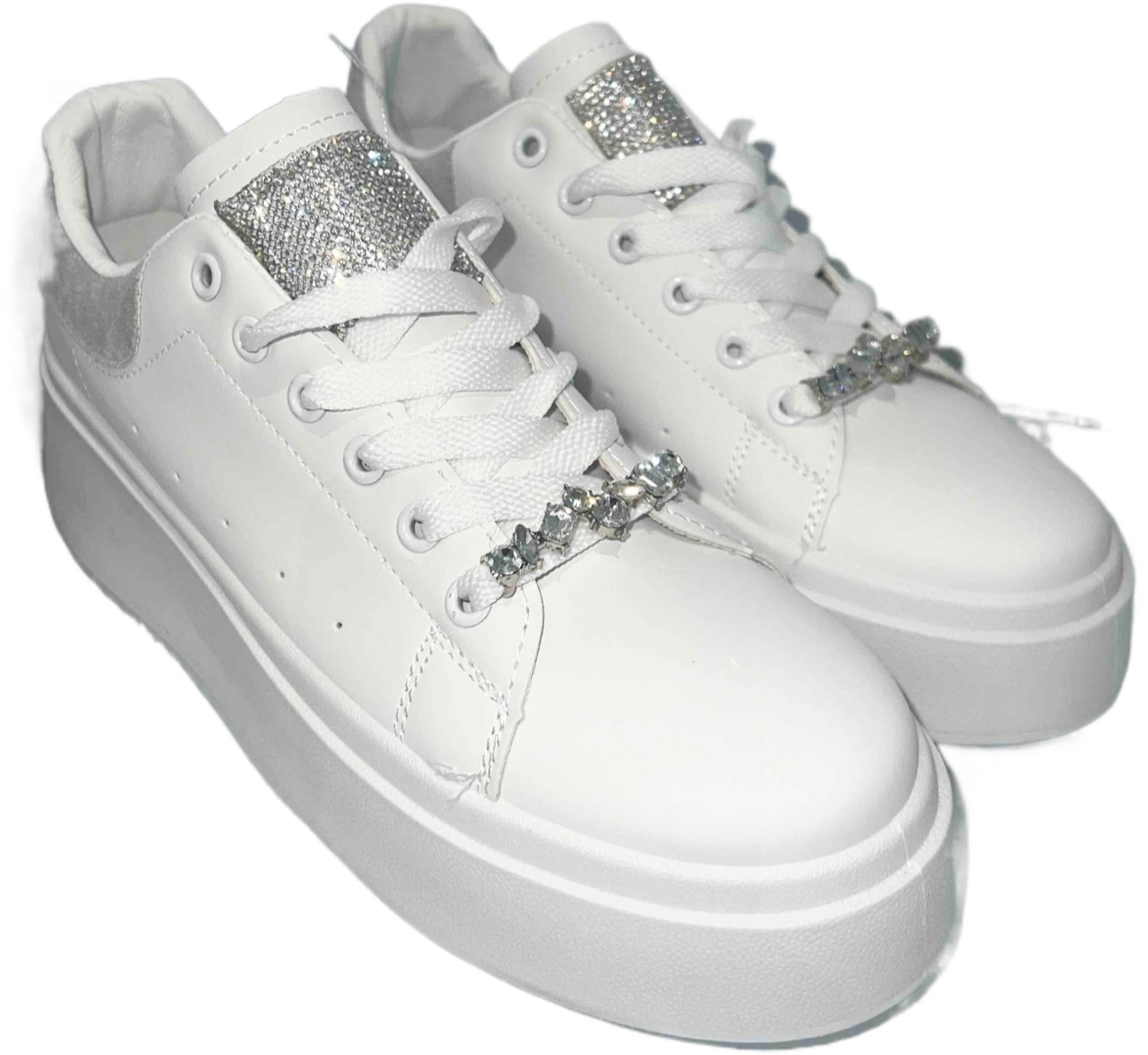 White Platform Sneakers Rhinestone Top - Toni's Shoes