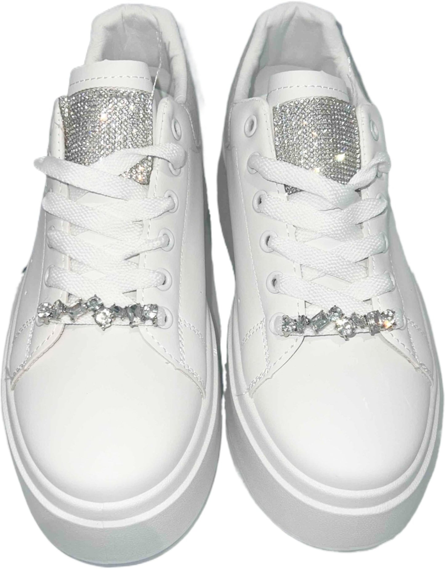 White Platform Sneakers Rhinestone Top - Toni's Shoes