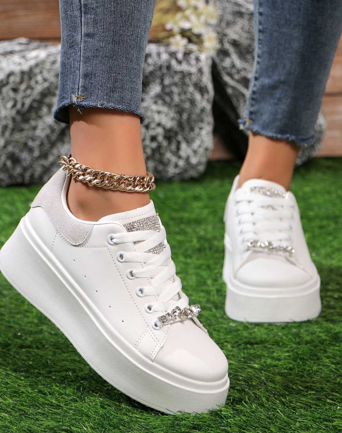 White Platform Sneakers Rhinestone Top - Toni's Shoes